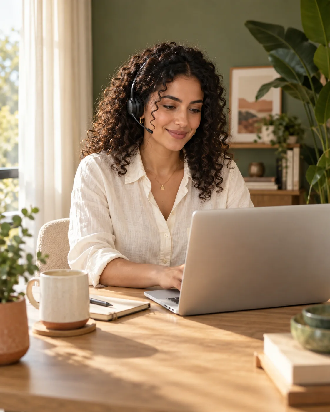 Customer-service professional with a headset and laptop in a sunlit home office. AI-generated illustration.